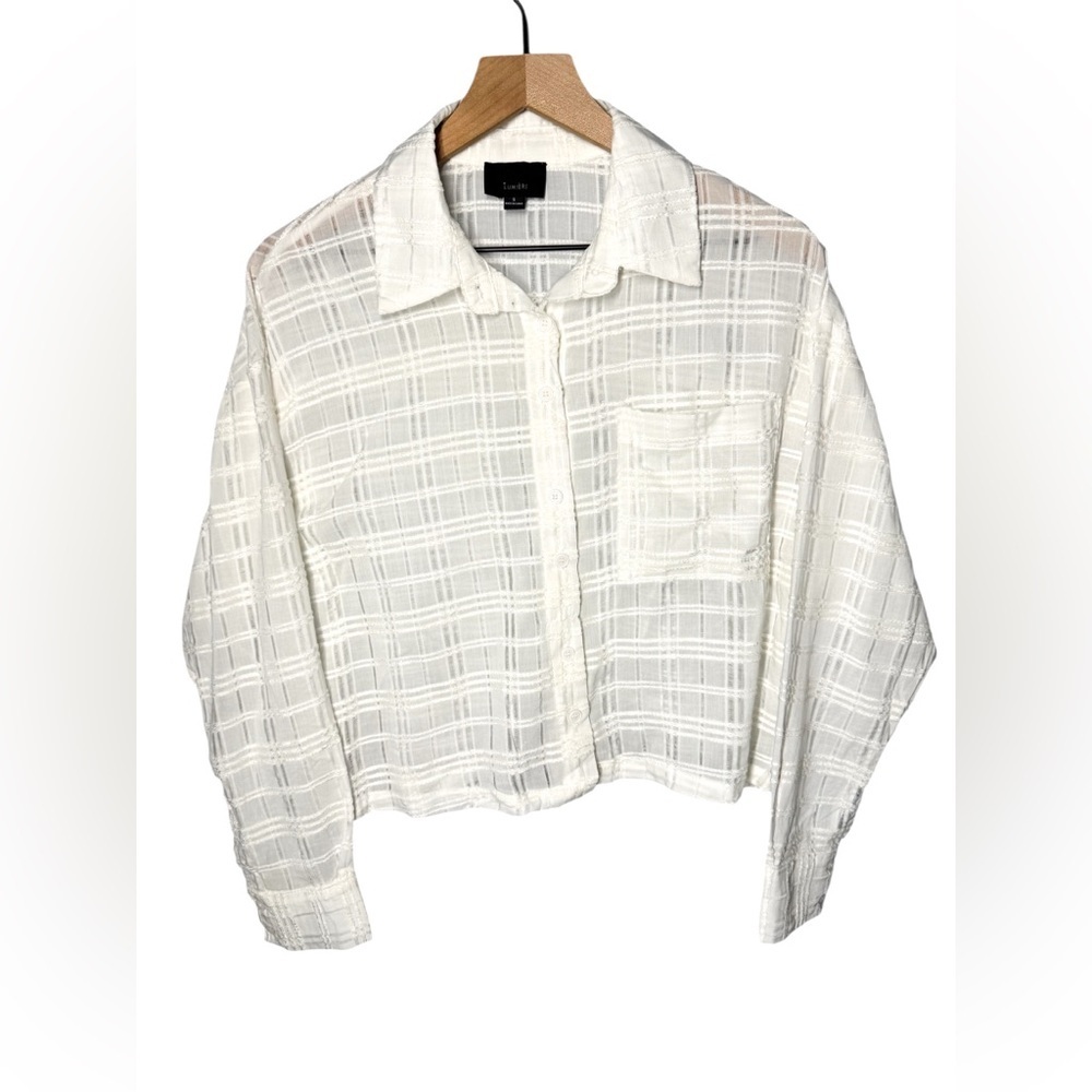 Lumiere Women’s Semi Sheer Plaid Crisp White Button Up Blouse Sz S